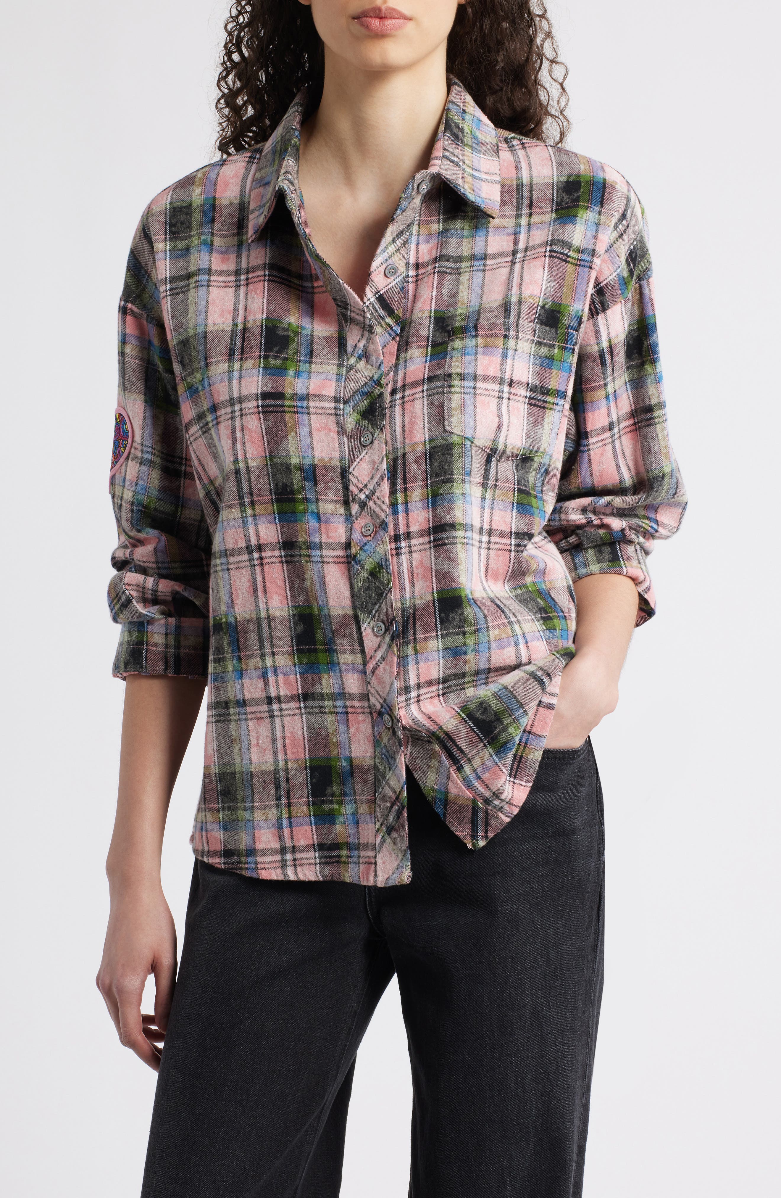 NIKKI LUND Paris Patch Plaid Shirt in Pink 