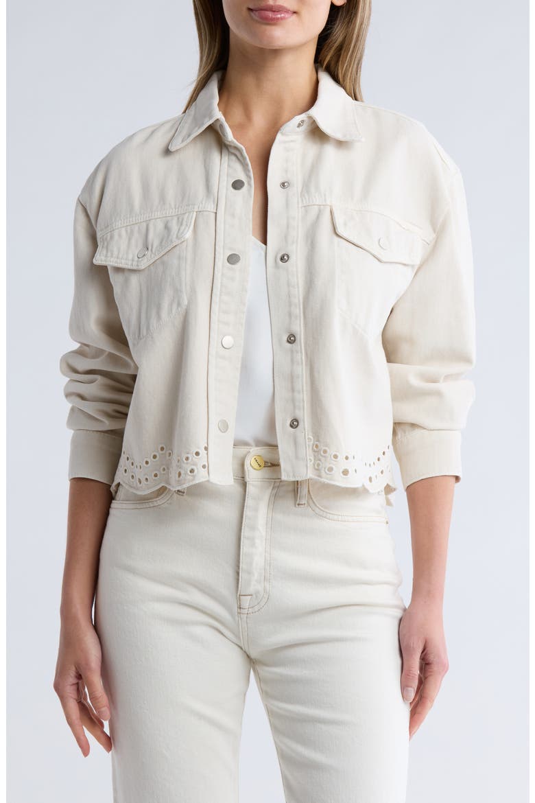 Embroidered Eyelet Scallop Crop Denim Jacket, Main, color, WASHED ALMOND