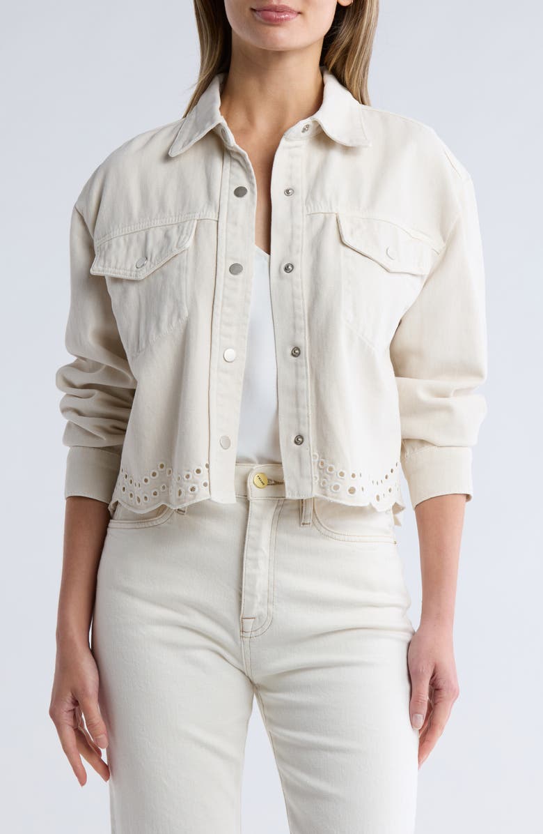 Daniel Rainn Embroidered Eyelet Scallop Crop Denim Jacket, Main, color, 