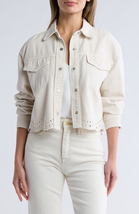 Embroidered Eyelet Scallop Crop Denim Jacket