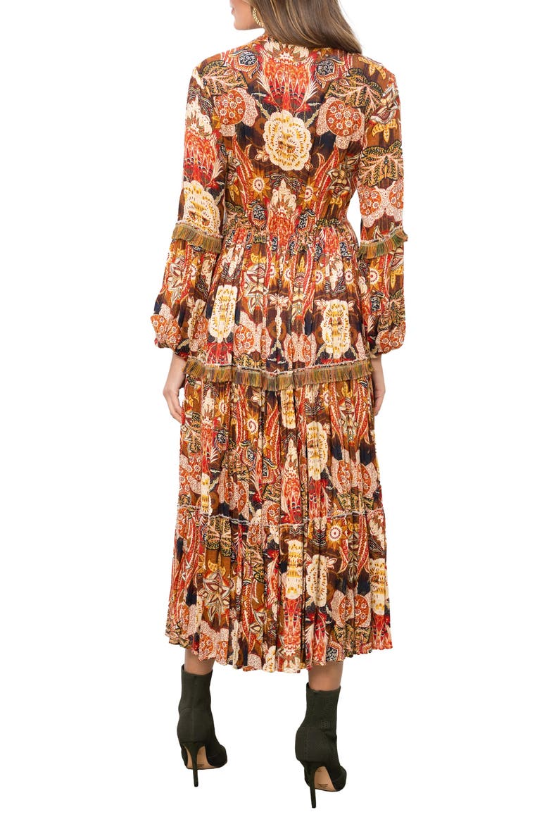 Floral Print Fringe Trim Long Sleeve Maxi Dress, Alternate, color, PUMPKIN