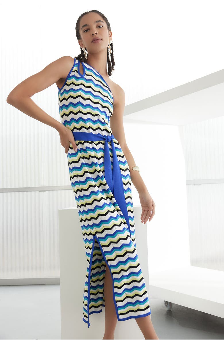 Ming Wang Modern Fit One Shoulder Column Maxi Dress, Alternate, color, Bermud/Sapphir/Limon/White/Blk