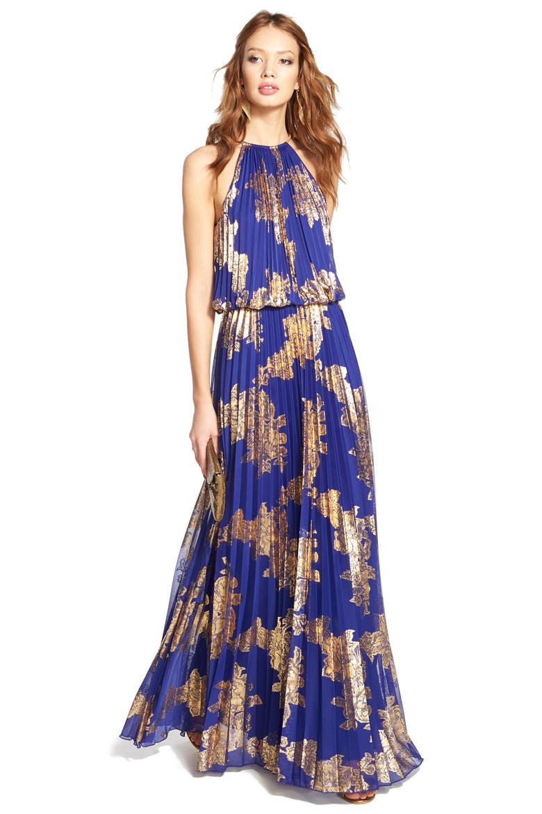 Xscape Foiled Pleated Blouson Gown, Alternate, color, COBALT/ GOLD