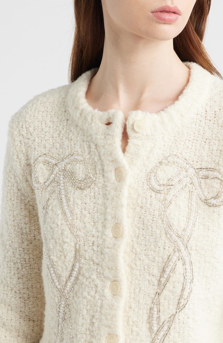 LoveShackFancy Leocadia Embellished Bow Wool Blend Cardigan, Alternate, color, Ivory