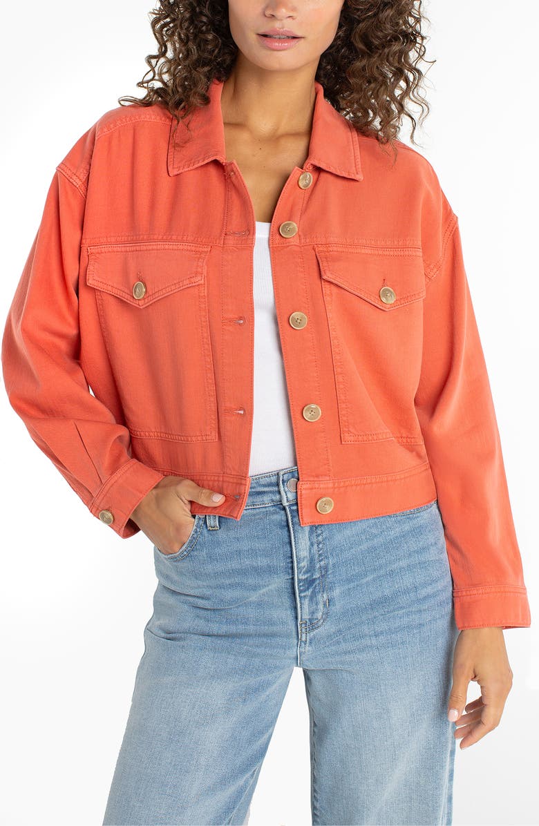 Liverpool Los Angeles Cropped Oversize Denim Jacket, Main, color, Red Clay