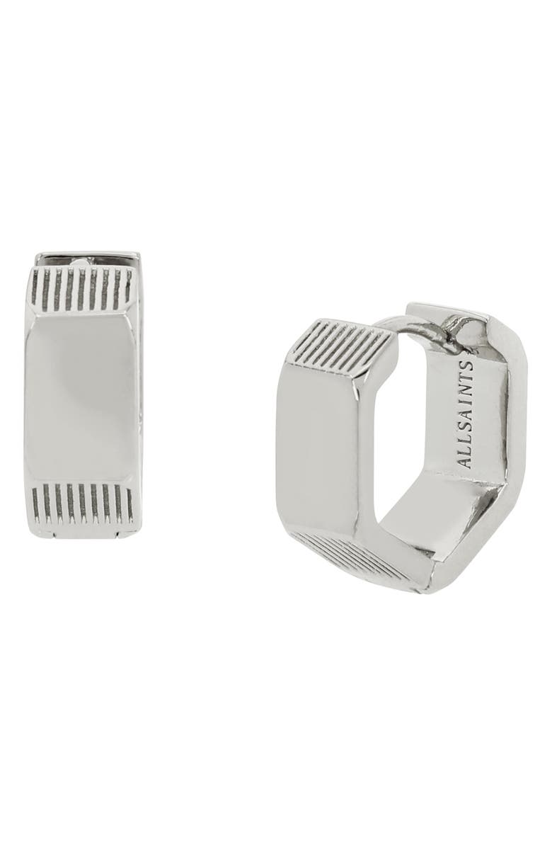 AllSaints Textured Small Hexagon Hoop Earrings, Main, color, Rhodium