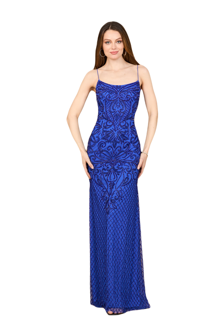 Lace Up Open Back Beaded Dress, Main, color, Blue