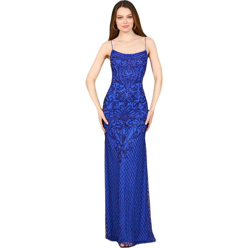Lara New York Lace Up Open Back Beaded Dress In Blue