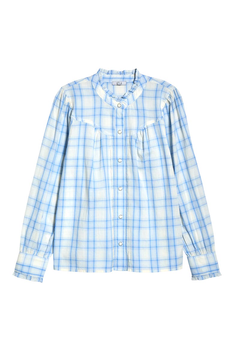 Alanna Ruffle Plaid Organic Cotton Snap-Up Shirt, Alternate, color, BLUEBELL IVORY