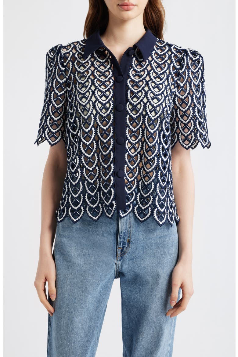 Addison Sheer Lace Top, Main, color, NAVY/ WHITE