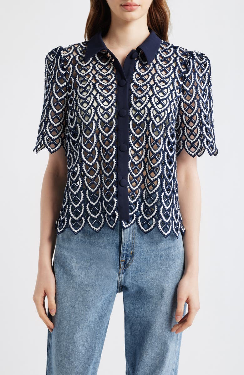 Milly Addison Sheer Lace Top, Main, color, Navy/ White