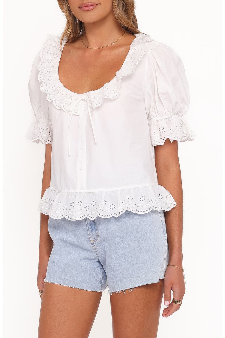 Anouk Eyelet Trim Button-Up Top, Alternate, color, WHITE
