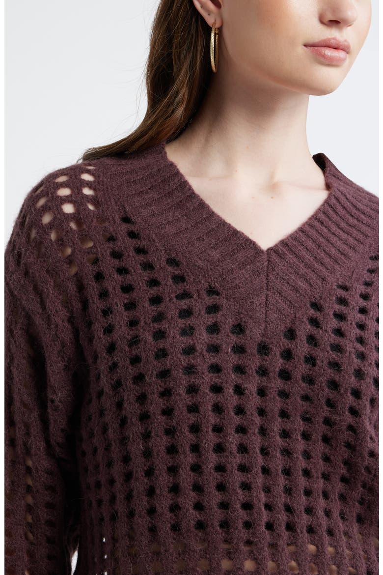Mesh Stitch V-Neck Sweater, Alternate, color, BURGUNDY FUDGE