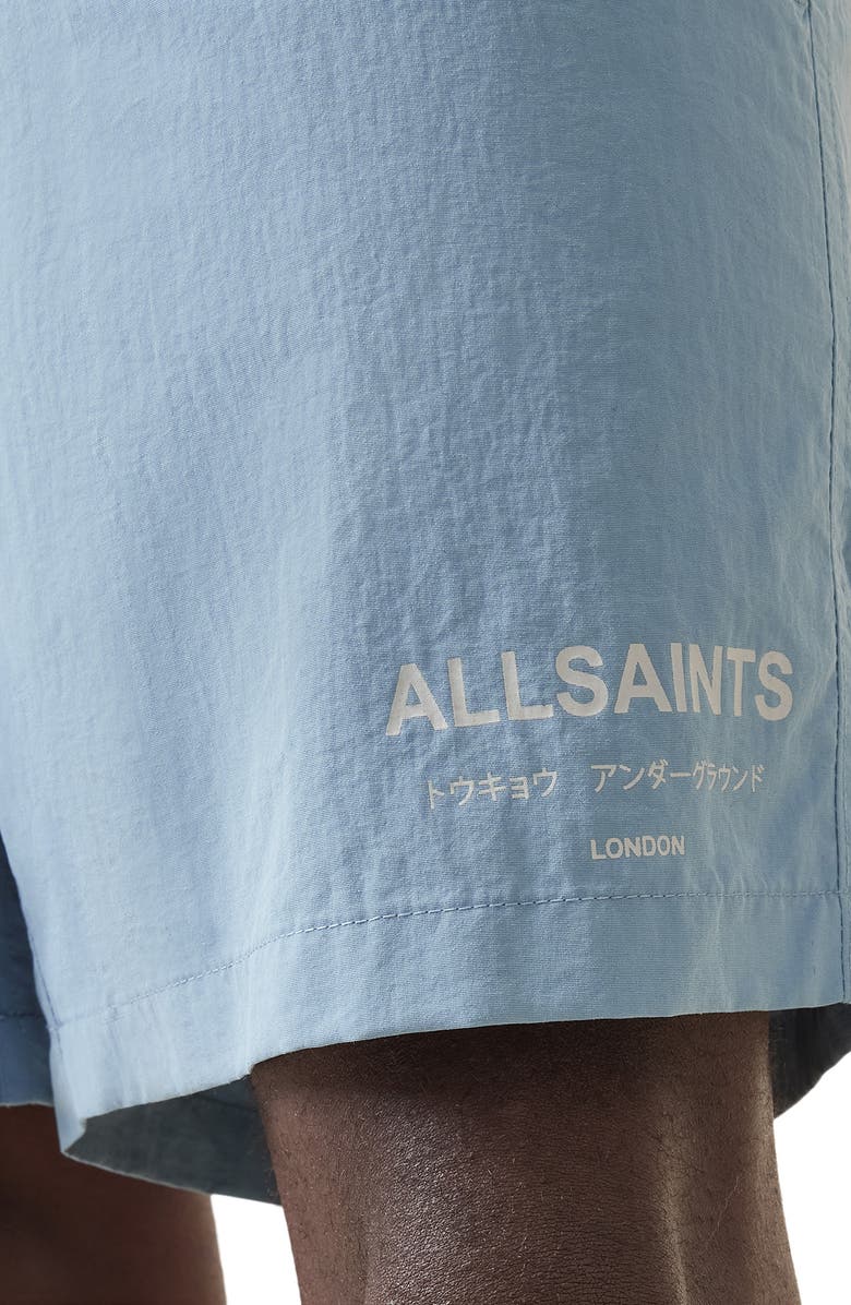 AllSaints Underground Logo Print Swim Trunks, Alternate, color, Bondi Blue