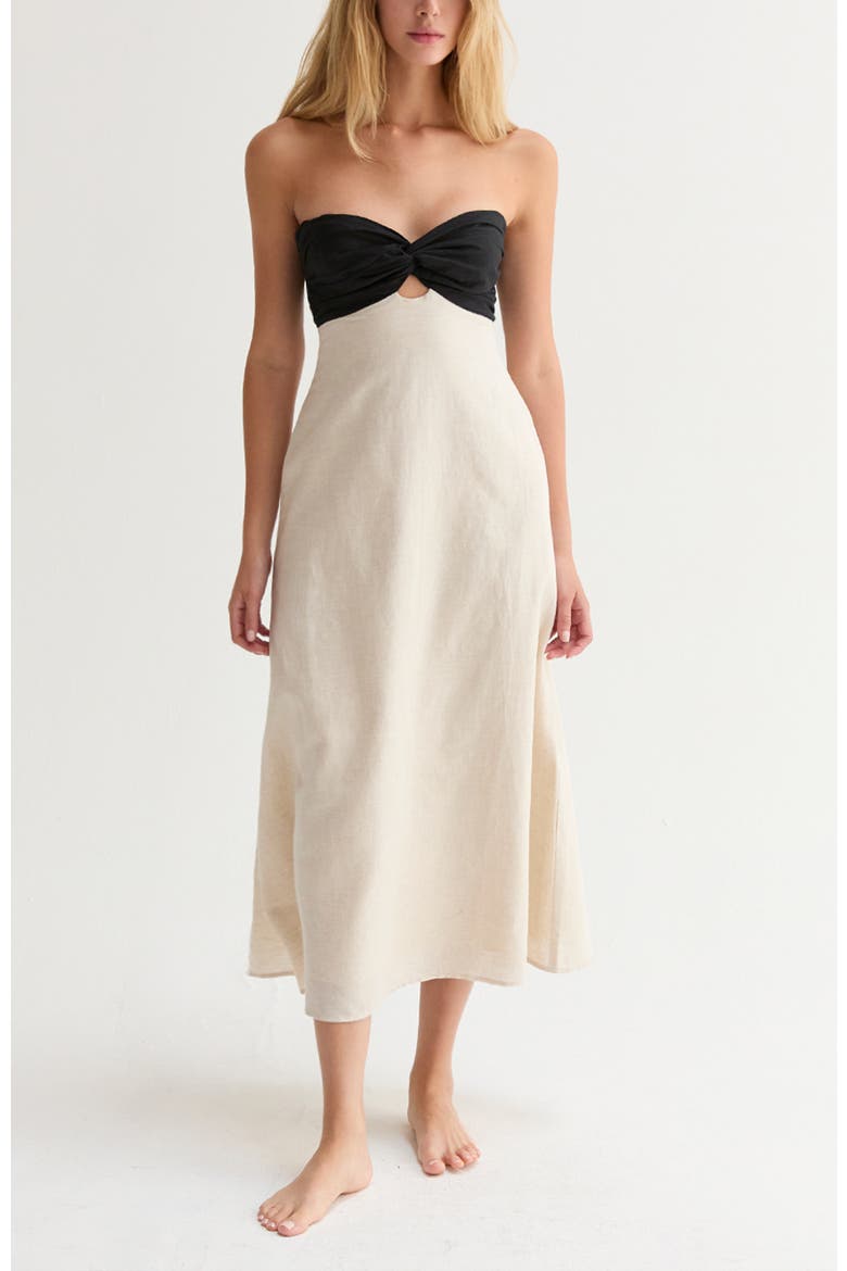 Colorblock Front Twist Linen Midi Dress, Main, color, Black/Oatmeal