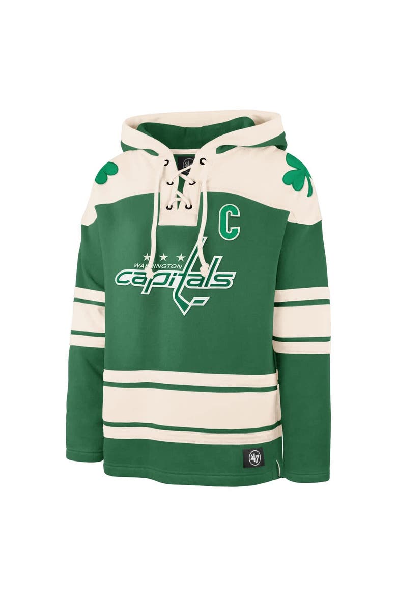Men's '47 Alexander Ovechkin Kelly Green Washington Capitals St. Patrick's Day Player Name & Number Lacer Pullover Hoodie, Alternate, color, Kelly Green