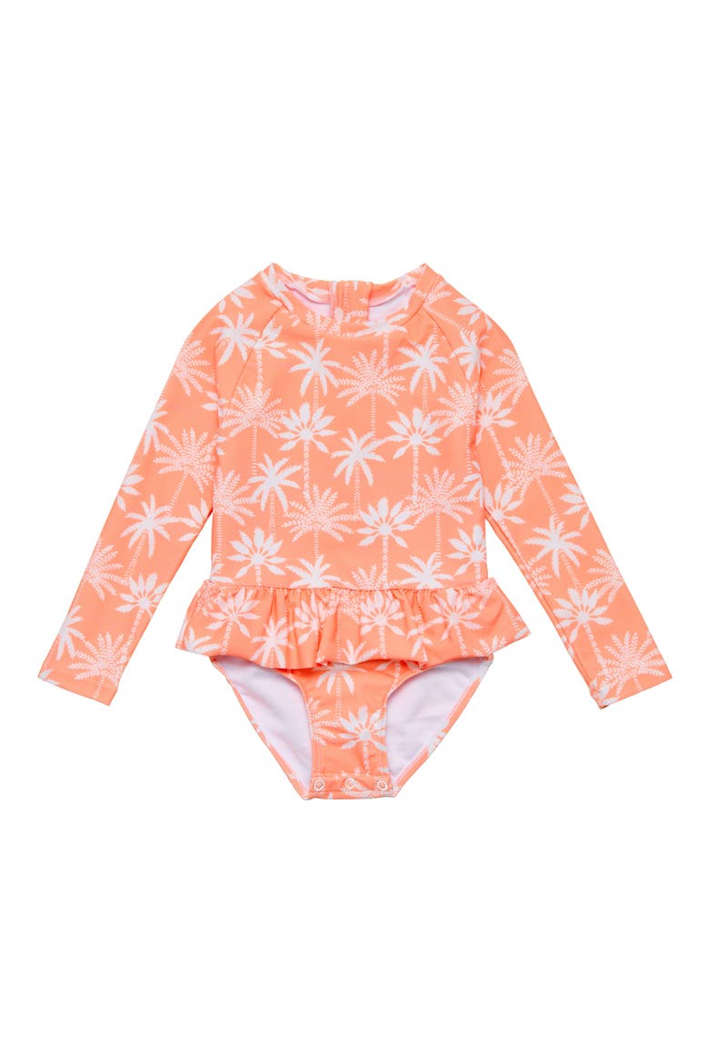 Ruffle Long Sleeve Skirted UPF 50+ One-Piece Swimsuit, Main, color, ORANGE