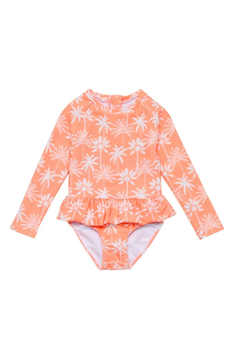 Snapper Rock Ruffle Long Sleeve Skirted UPF 50+ One-Piece Swimsuit, Main, color, Orange
