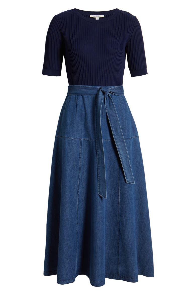Mixed Media Denim Dress, Alternate, color, NAVY
