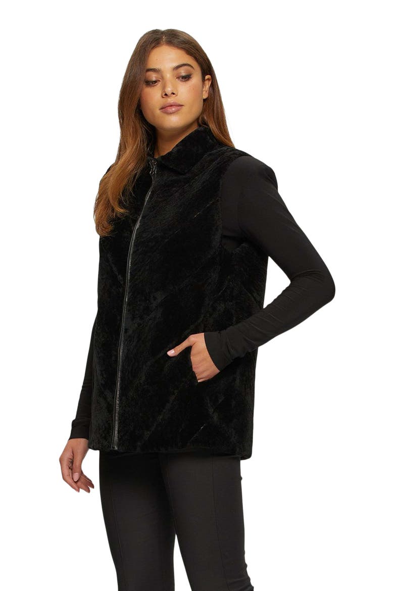 Reversible Chevron Genuine Shearling Vest, Main, color, BLACK/BLACK