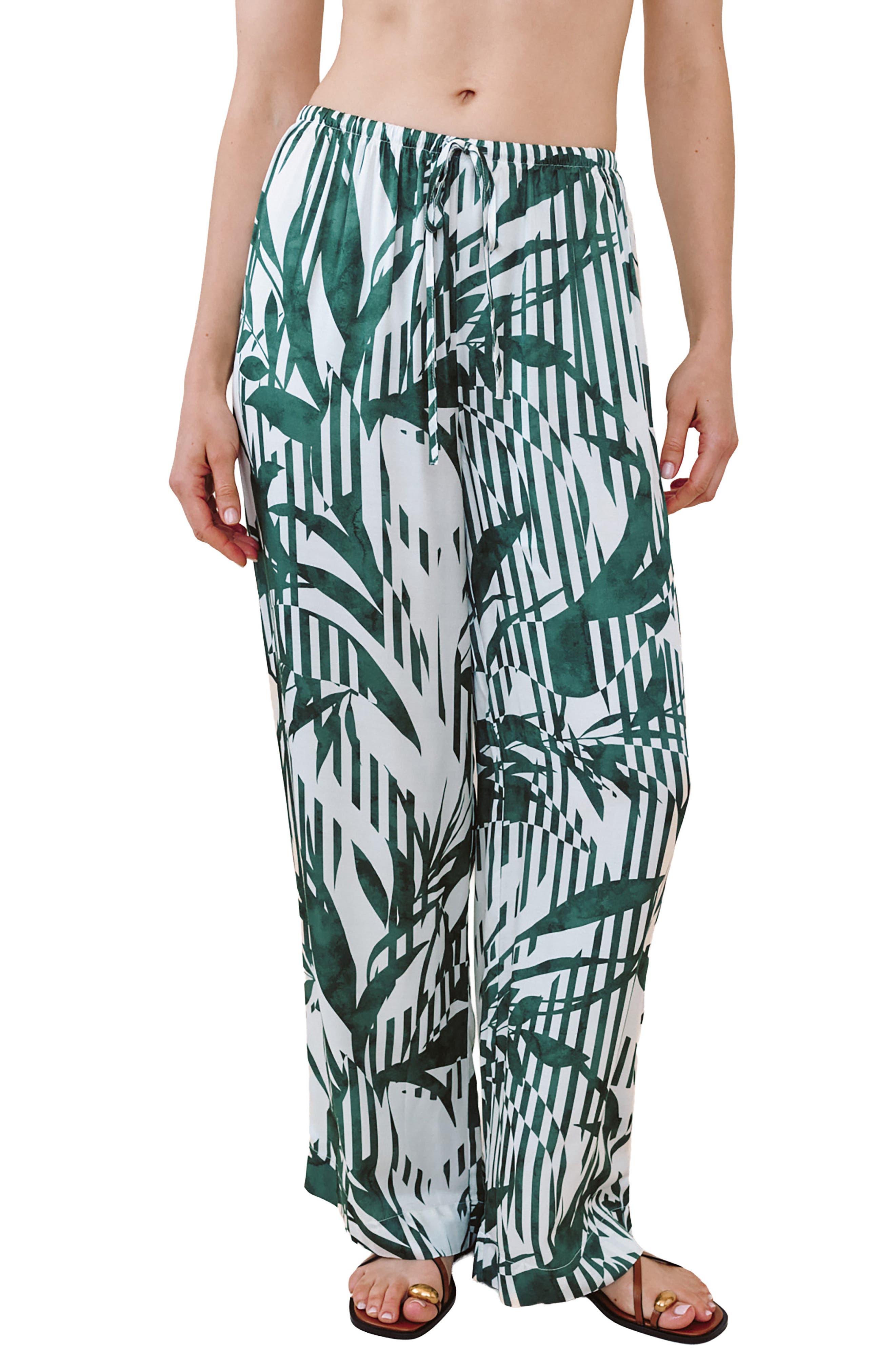 Abstract Leaf Print Wide Leg Pants