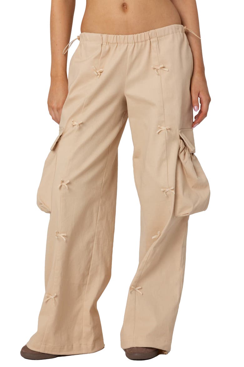 Bow Trim Cargo Parachute Pants, Main, color, BEIGE