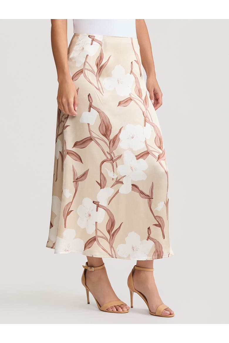 Flared Floral Print Silk Maxi Skirt, Main, color, Biscotti/Charmeuse