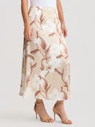 Misook Flared Floral Print Silk Maxi Skirt