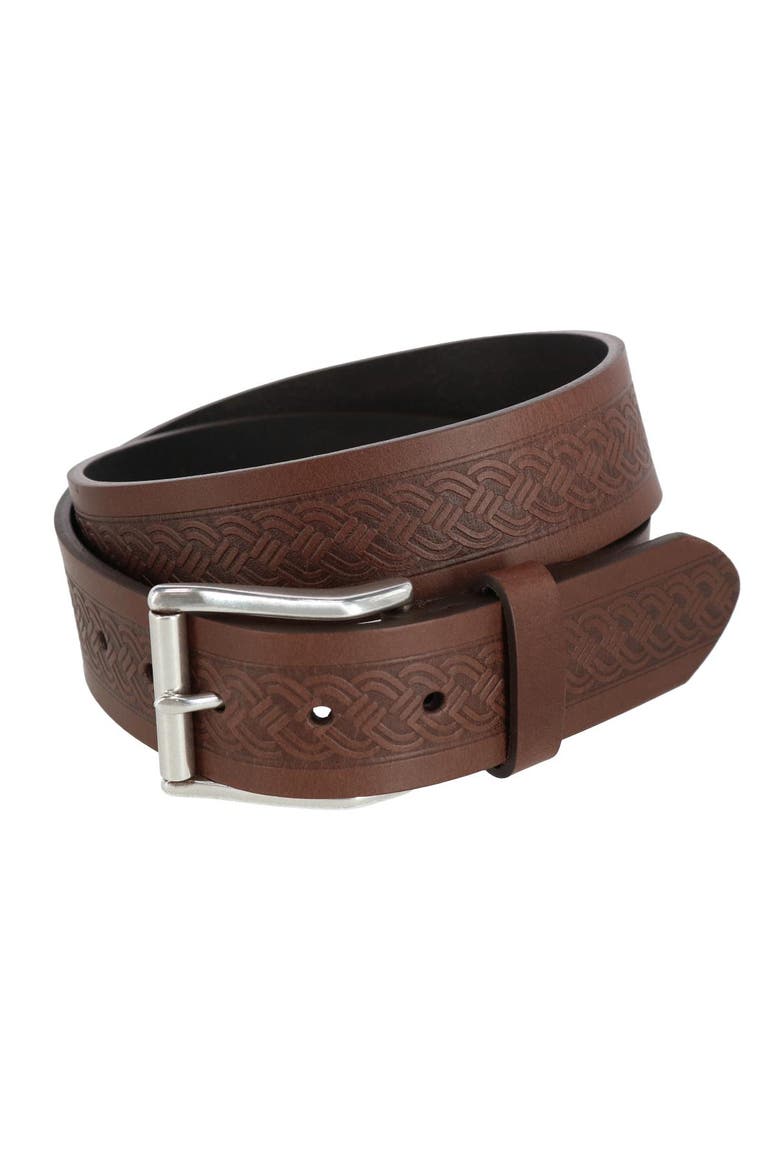 Grady 40mm Celtic Scroll Embossed Leather Jean Belt, Main, color, Brown