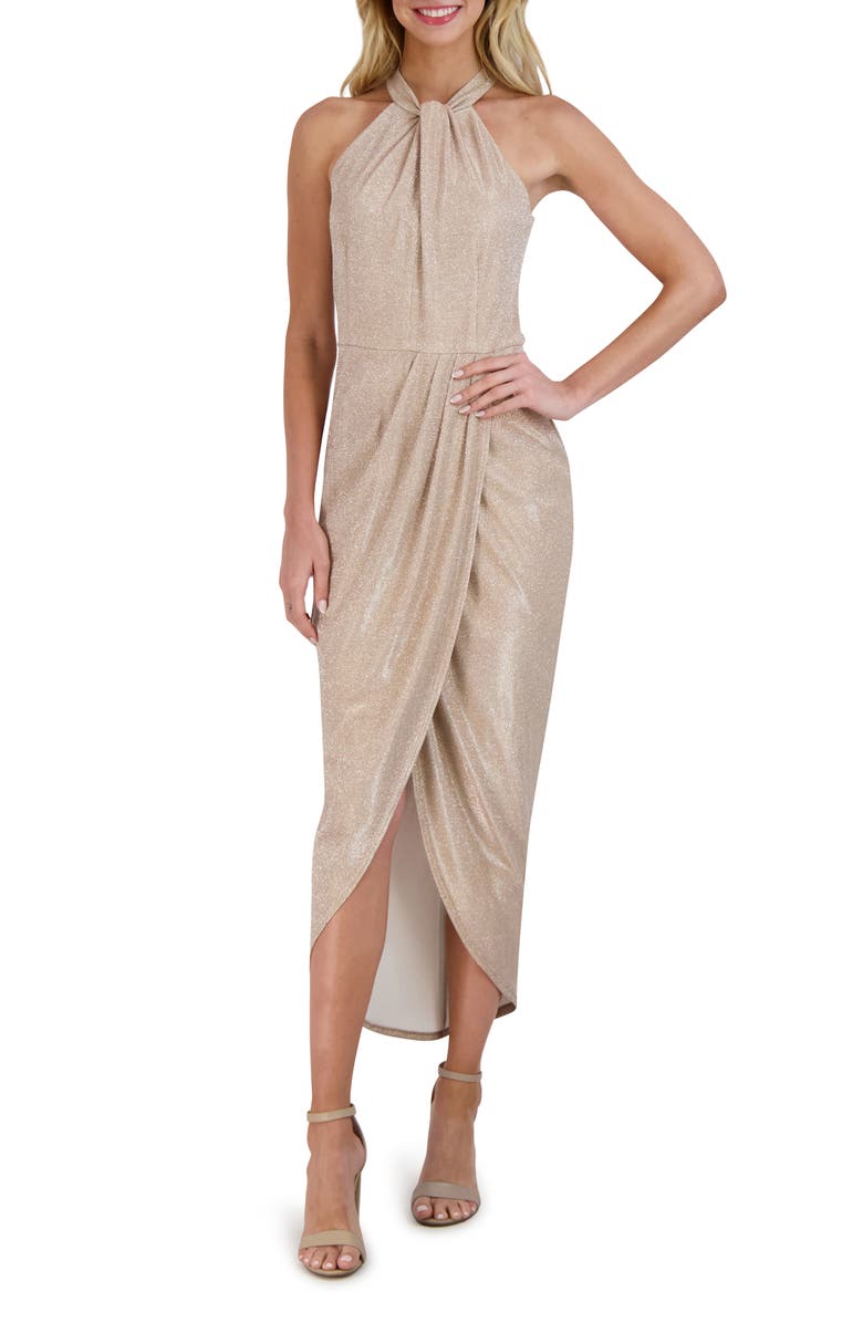 Julia Jordan Metallic Halter Neck Tulip Hem Maxi Dress, Main, color, 