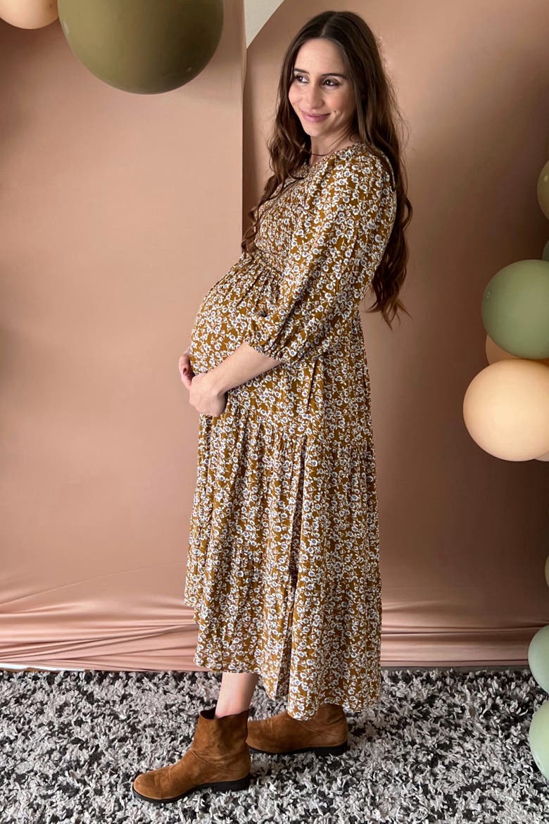 Floral Smocked Long Sleeve Maxi Dress, Alternate, color, Mocha
