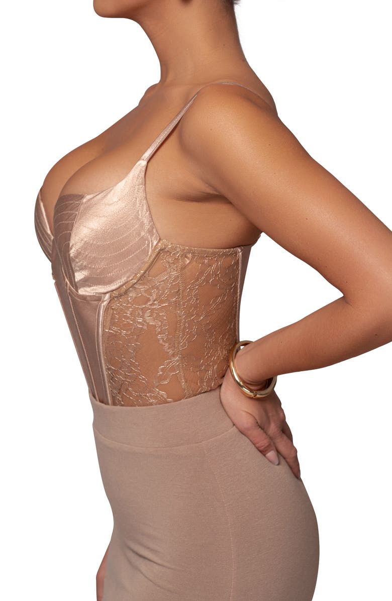 JLUXLABEL Incomparable Lace Inset Satin Bodysuit, Alternate, color, Brown