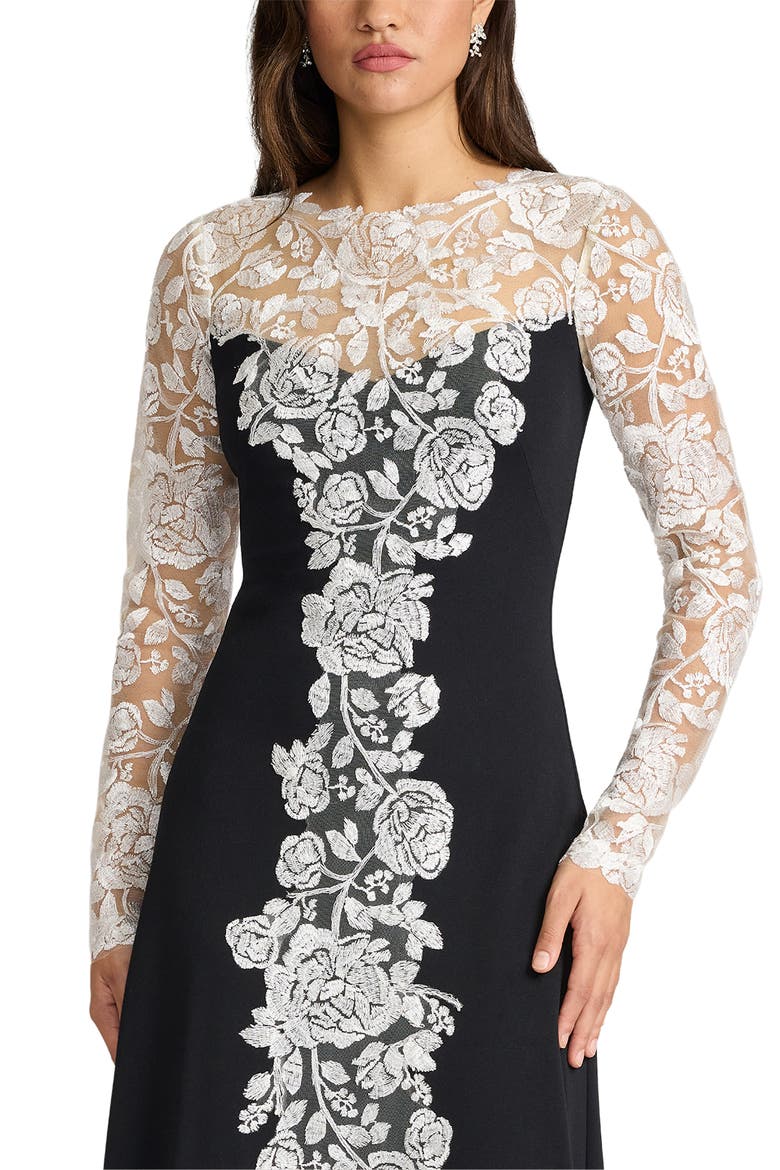 Lace Detail Long Sleeve Crepe Gown, Alternate, color, IVORY/ BLACK