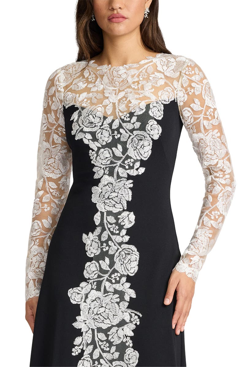 Tadashi Shoji Lace Detail Long Sleeve Crepe Gown, Alternate, color, Ivory/ Black