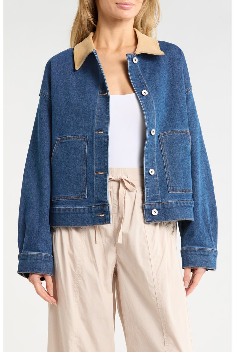 Corduroy Collar Denim Crop Utility Jacket, Main, color, BRIGHT BLUES