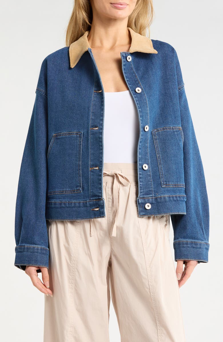 Sanctuary Corduroy Collar Denim Crop Utility Jacket, Main, color, Bright Blues