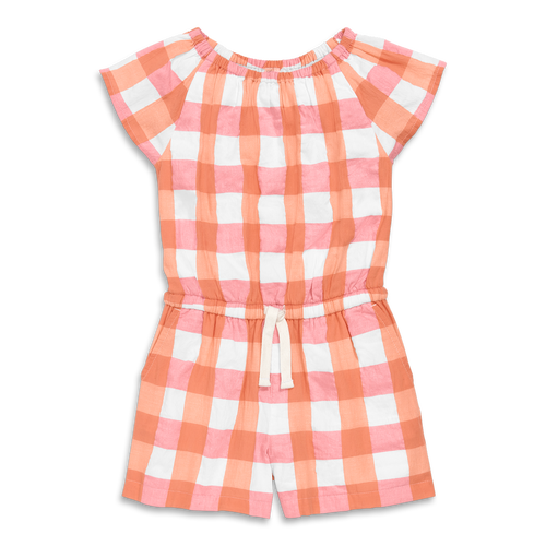Primary Kids Drawstring Romper In Gingham In Guava Goldfish Gingham