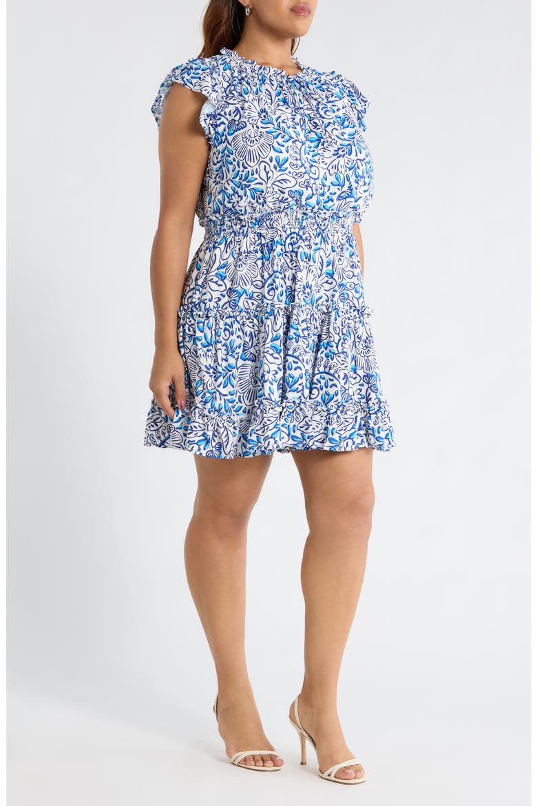 Mize Toledo Floral Tiered Minidress, Alternate, color, WHITE BLUES