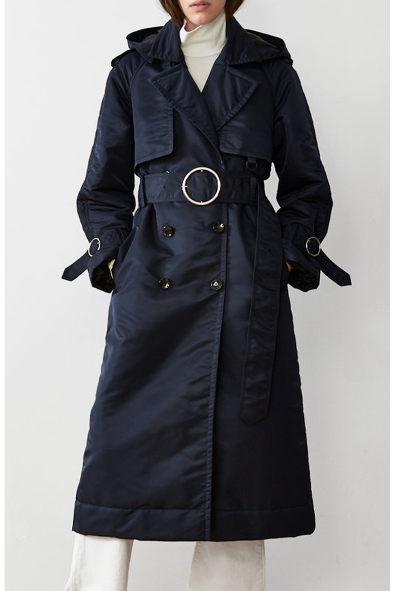 Down Filled Satin Trench, Main, color, Navy