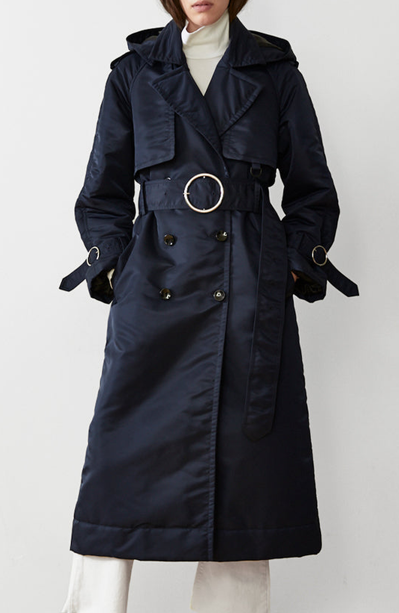 CAALO Down Filled Satin Trench, Main, color, Navy