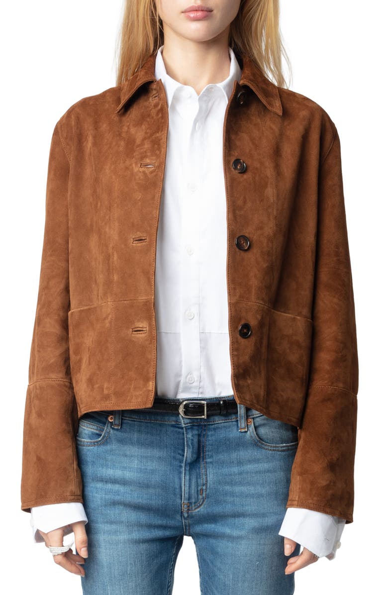Zadig & Voltaire Lessa Suede Jacket, Main, color, Cognac