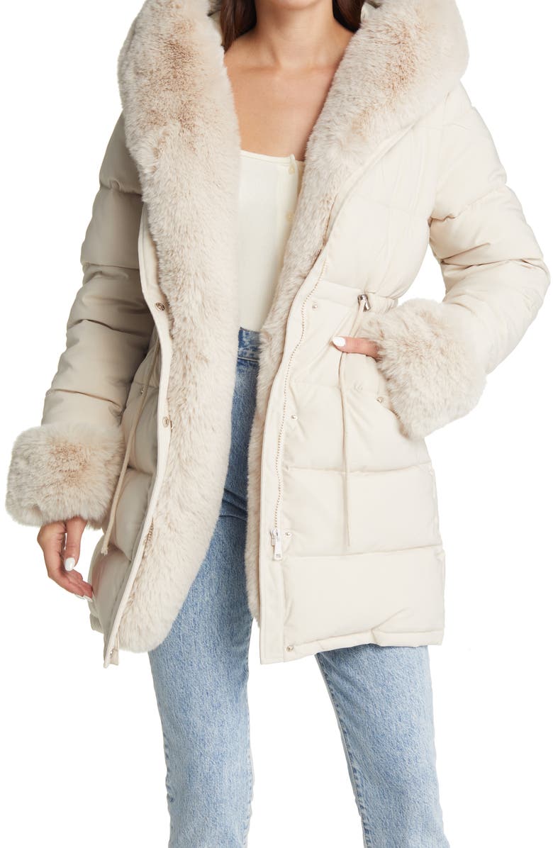 AZALEA WANG Faux Fur Trim Puffer Coat, Alternate, color,