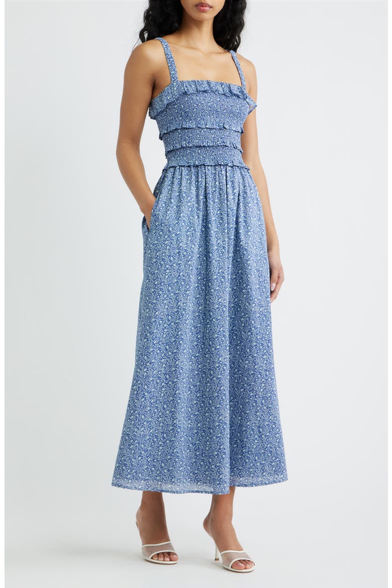 The Analiese Smocked Cotton Midi Nap Dress, Main, color, DITSY THISTLE BLUE