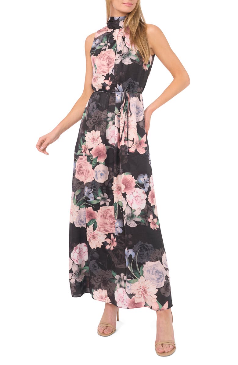Ted Baker Floral Tie Neck Maxi Dress, Main, color, Black/ Coral Pink
