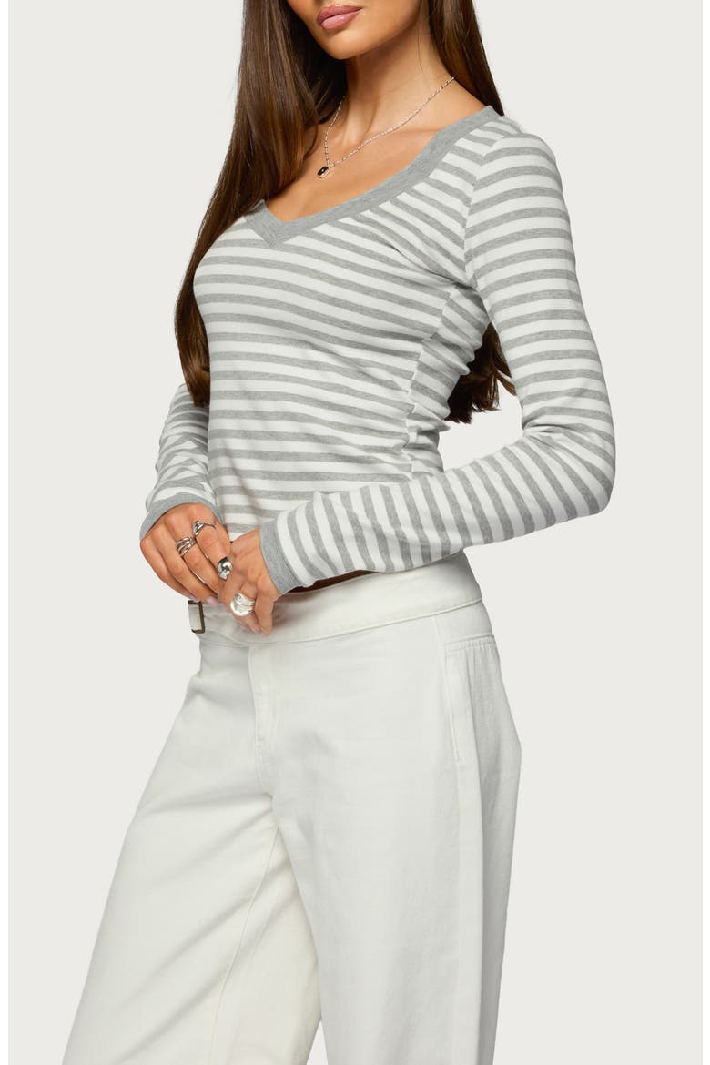 Kimi Stripe V-Neck Long Sleeve Crop Top, Alternate, color, GRAY-AND-WHITE