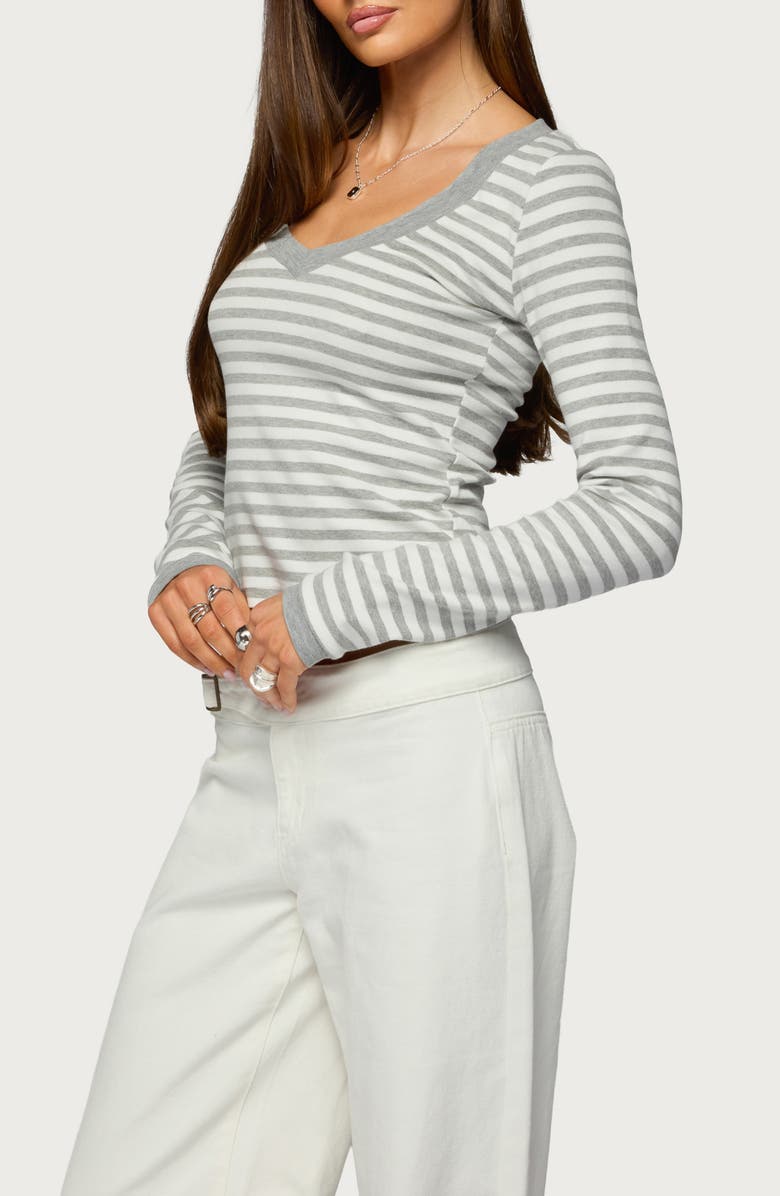EDIKTED Kimi Stripe V-Neck Long Sleeve Crop Top, Alternate, color, Gray-And-White