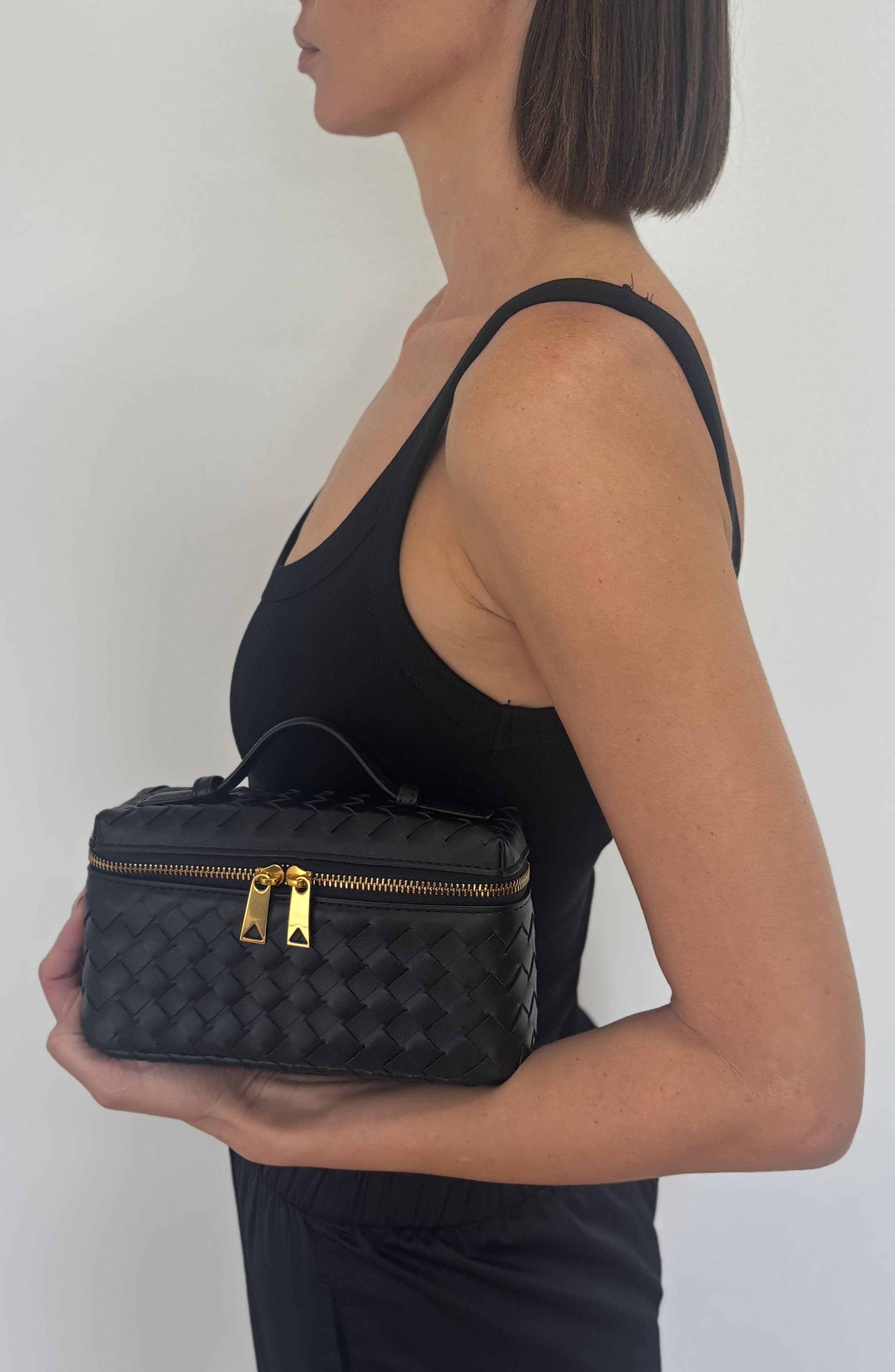 Adornia Black Woven Top Handle Bag, Alternate, color, 
