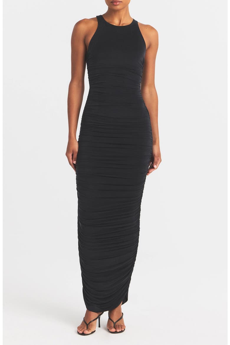 Cupro Jersey Ruched Long Dress, Main, color, OBSIDIAN