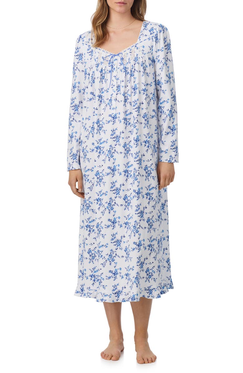 Eileen West Long Sleeve Cotton Nightgown, Main, color, White/ Navy