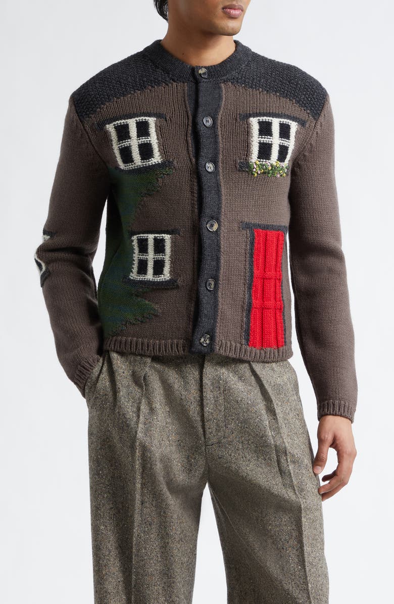 JW Anderson House Intarsia Wool Cardigan, Main, color, Chestnut